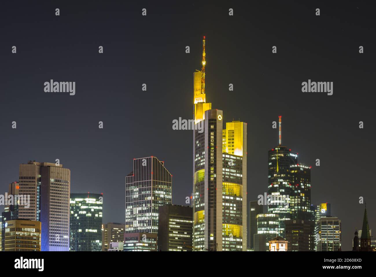 Germania, Assia, Francoforte, quartiere finanziario di notte Foto Stock