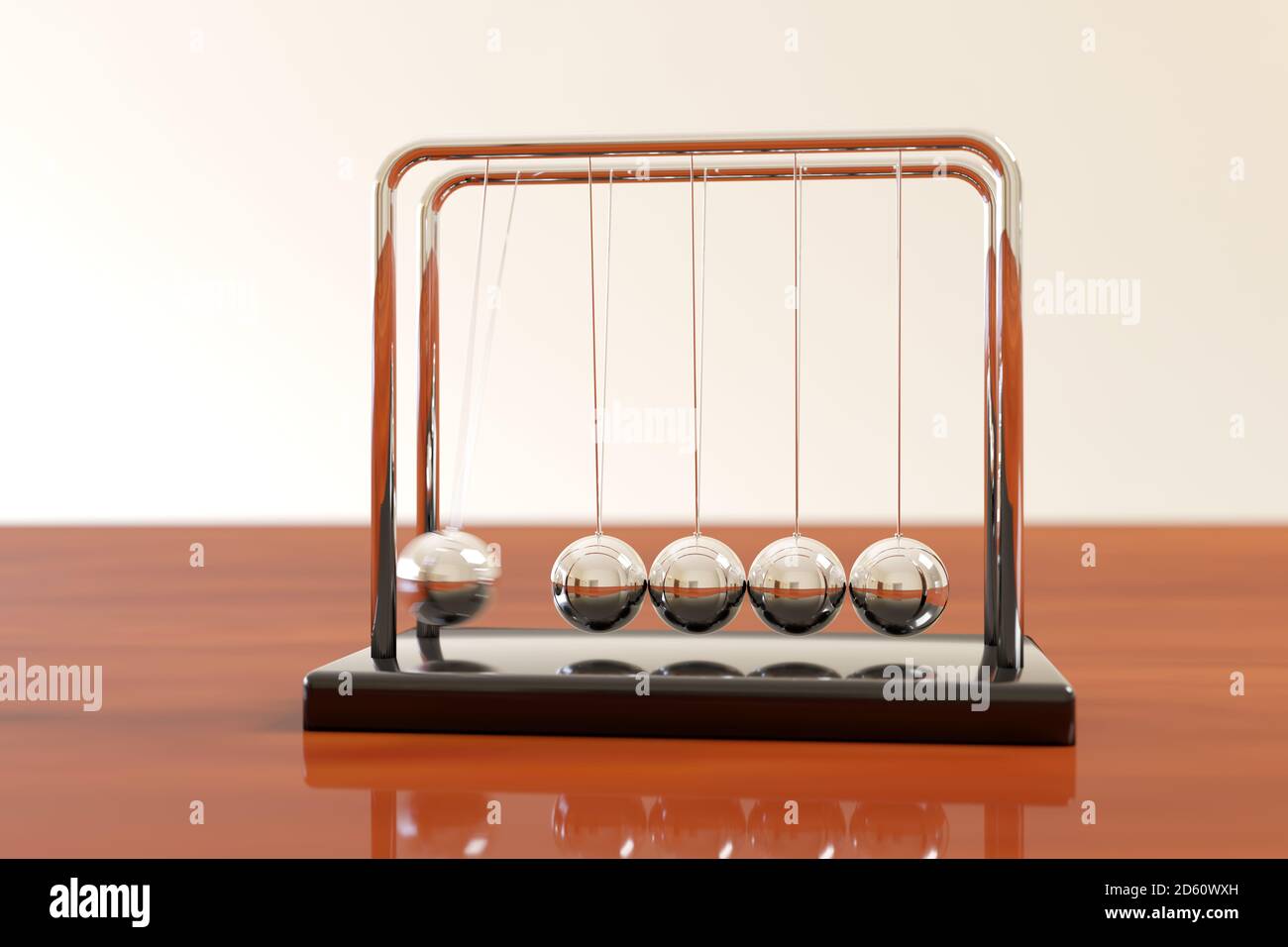 La culla di Newton oscillare su un tavolo di legno con sfondo chiaro. Concetto di equilibrio. Illustrazione 3d. Foto Stock