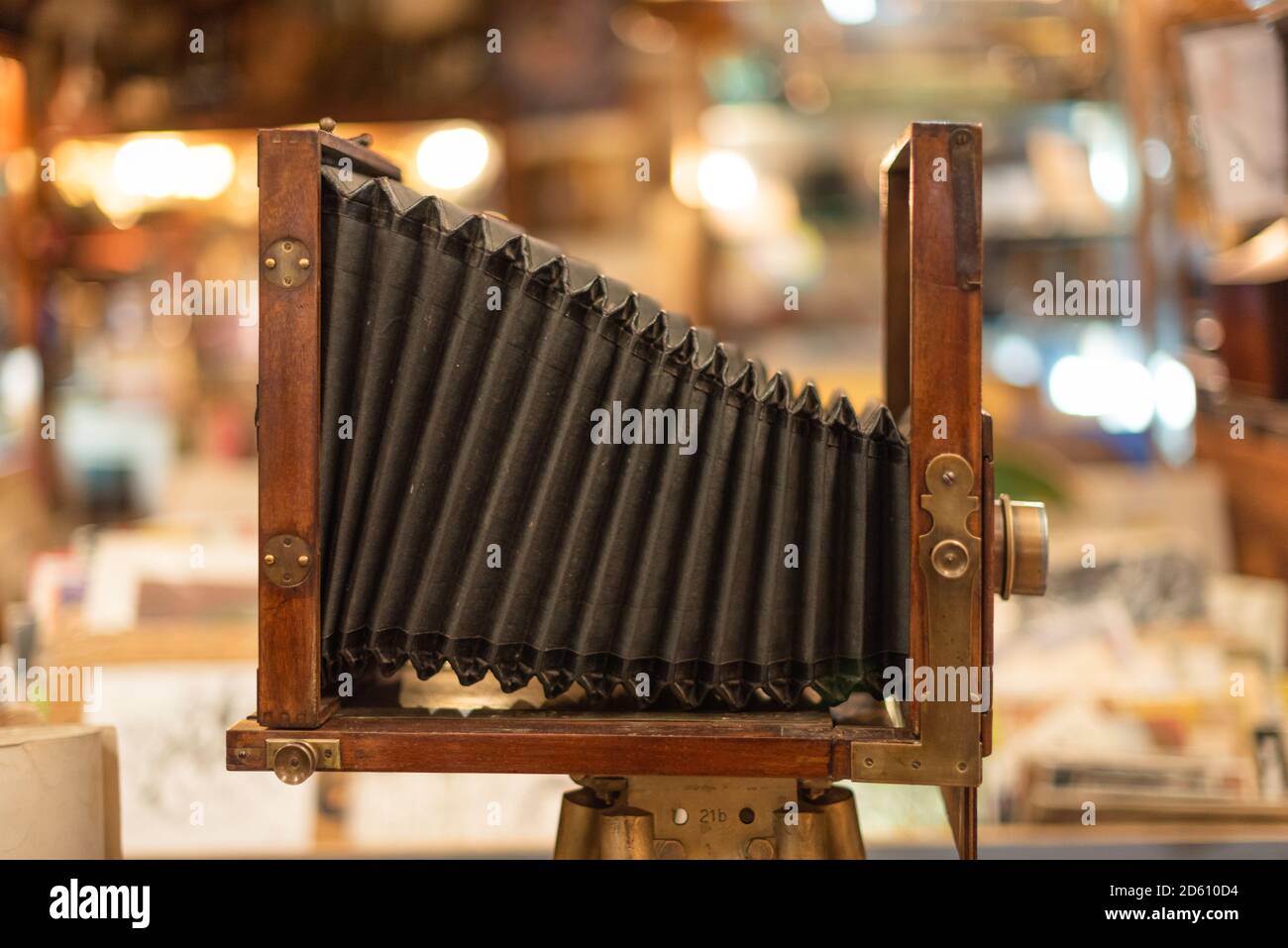 Vecchia fotocamera a soffietto marrone Foto Stock