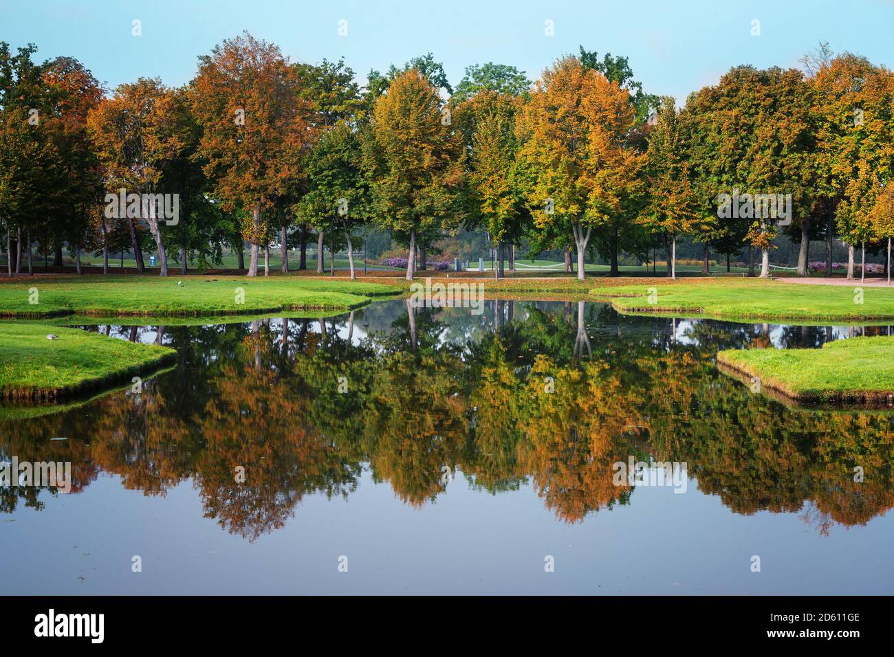 Fila di alberi con foglie colorate si riflette nell'acqua nel parco del castello di Schwerin in un giorno di sole autunno, copia spazio, selezionato fuoco Foto Stock