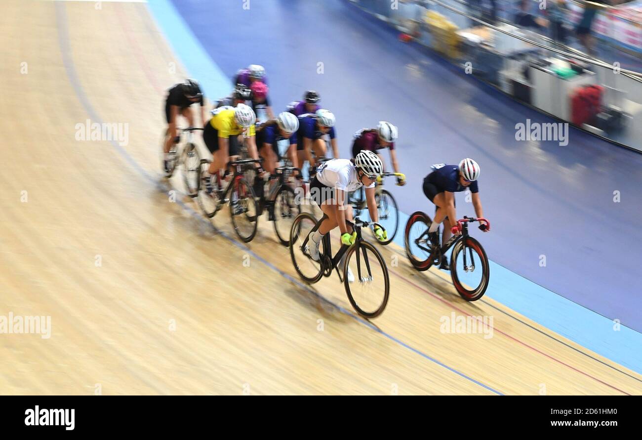 Elimination Race Girls Group A Heat 1 al Derby Velodrome, Derby Arena Foto Stock