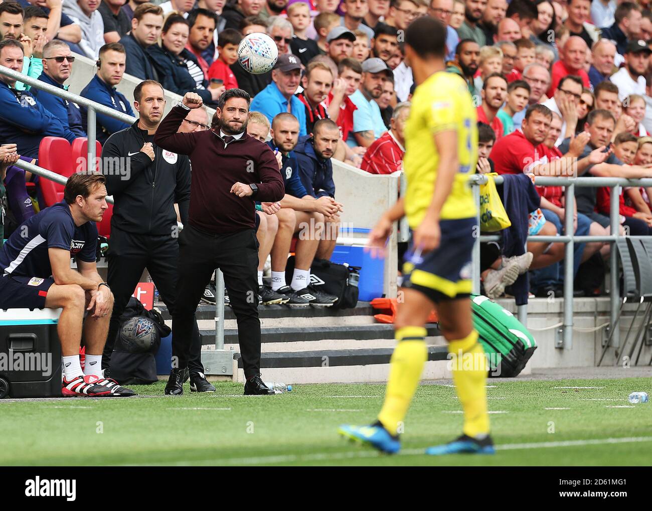 Bristol City Head Coach Lee Johnson reagisce come la palla è cacciato fuori gioco Foto Stock