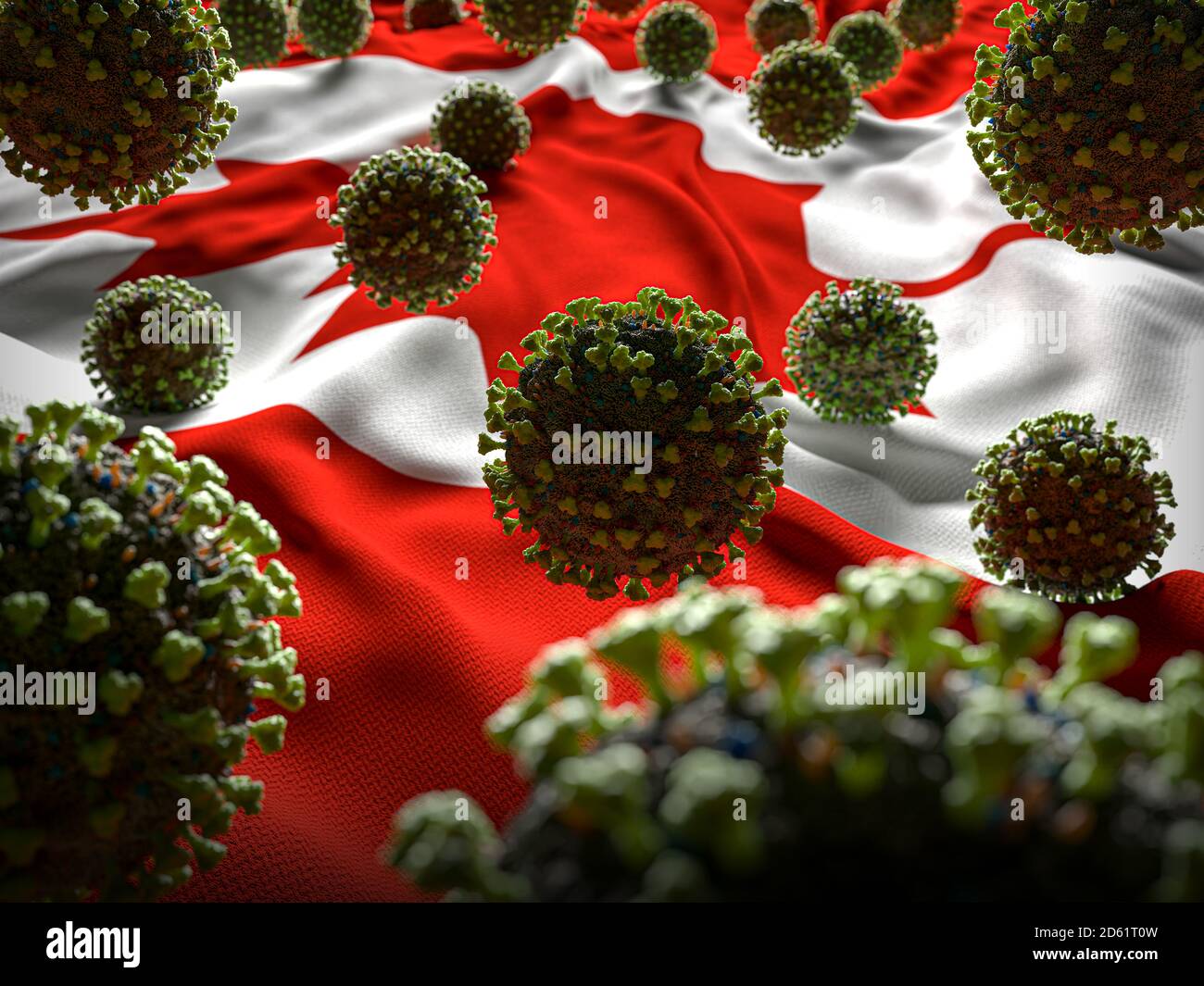 COVID-19 molecole di Coronavirus su bandiera canadese - risposta di crisi di salute Con aumento in casi COVID - Canada Virus Pandemic vittime Foto Stock
