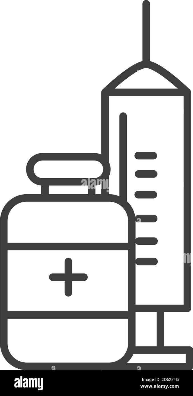 illustrazione vettoriale dell'icona della linea dell'apparecchiatura per la medicina del flacone e della siringa medica Illustrazione Vettoriale