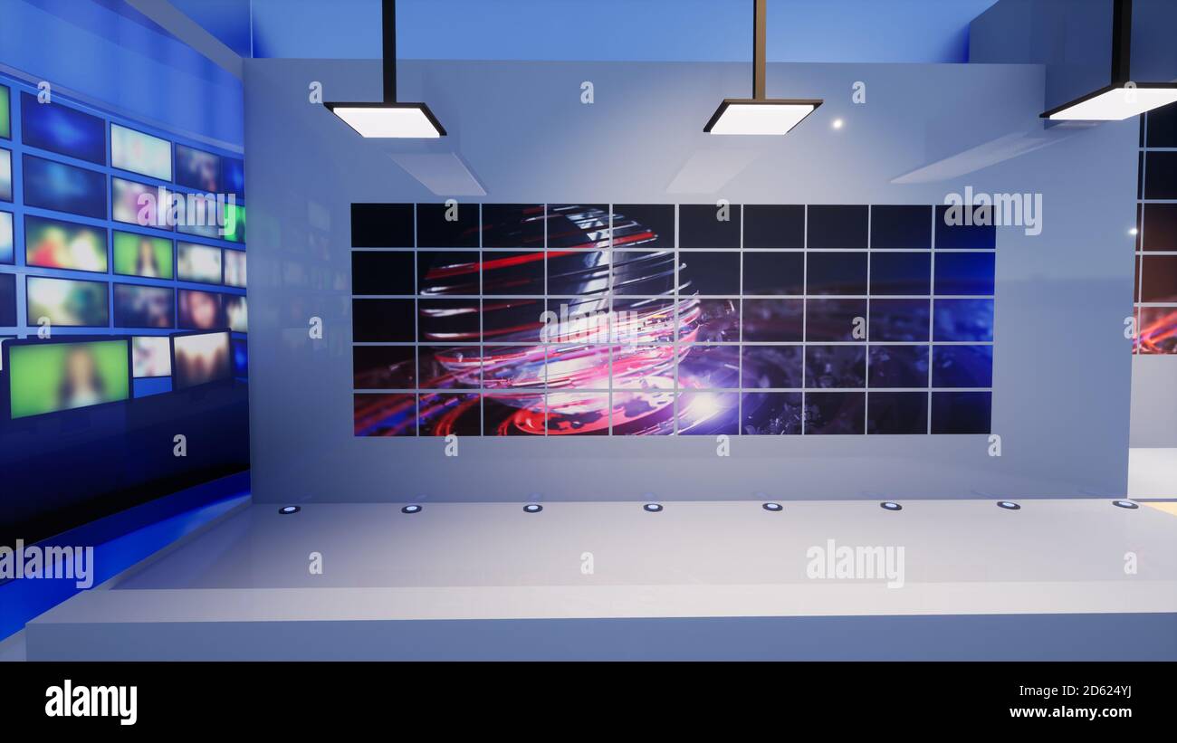 News Studio, sfondo per spettacoli TV .TV su Wall.3D Virtual News Studio sfondo, illustrazione 3d Foto Stock