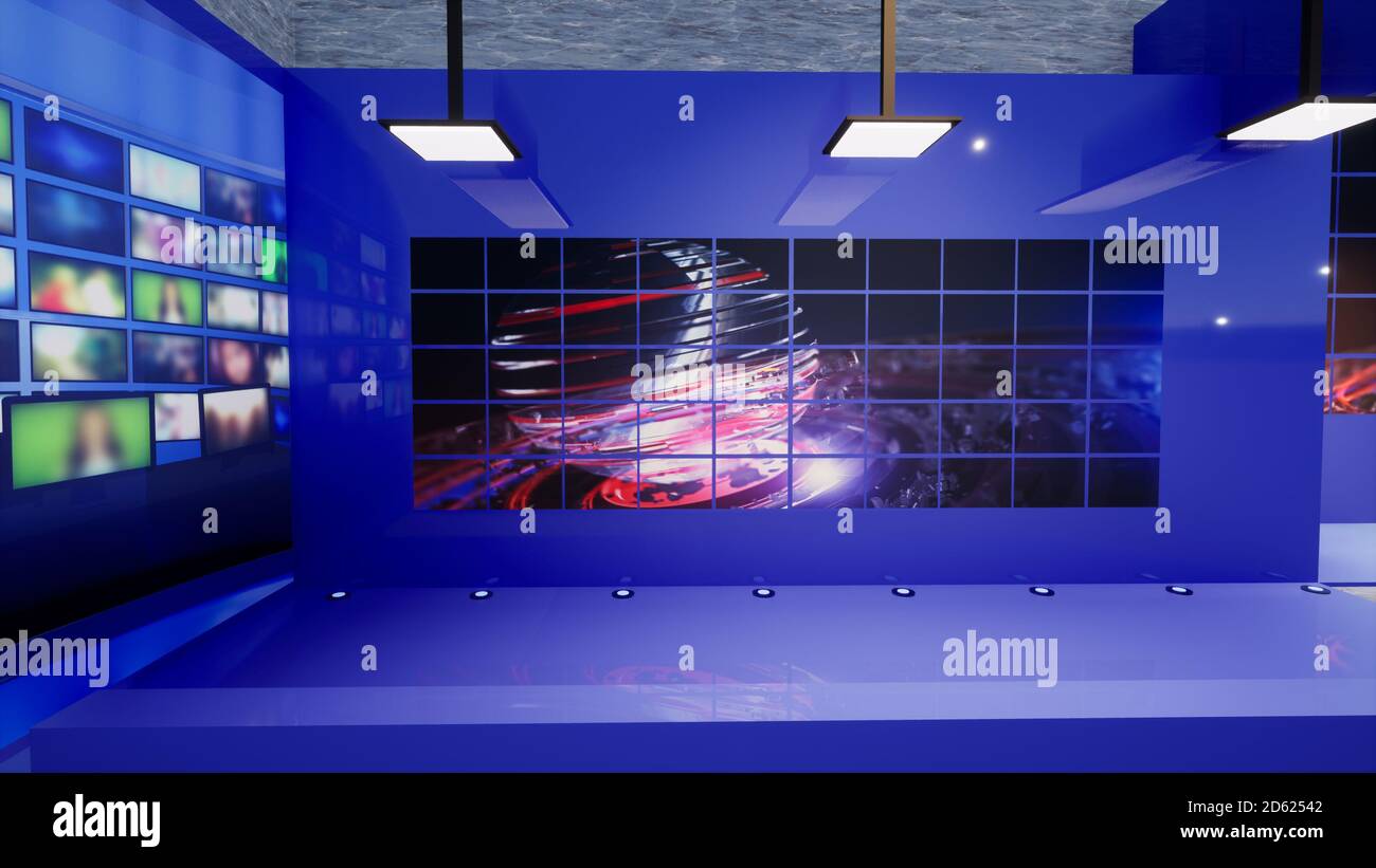 News Studio, sfondo per spettacoli TV .TV su Wall.3D Virtual News Studio sfondo, illustrazione 3d Foto Stock