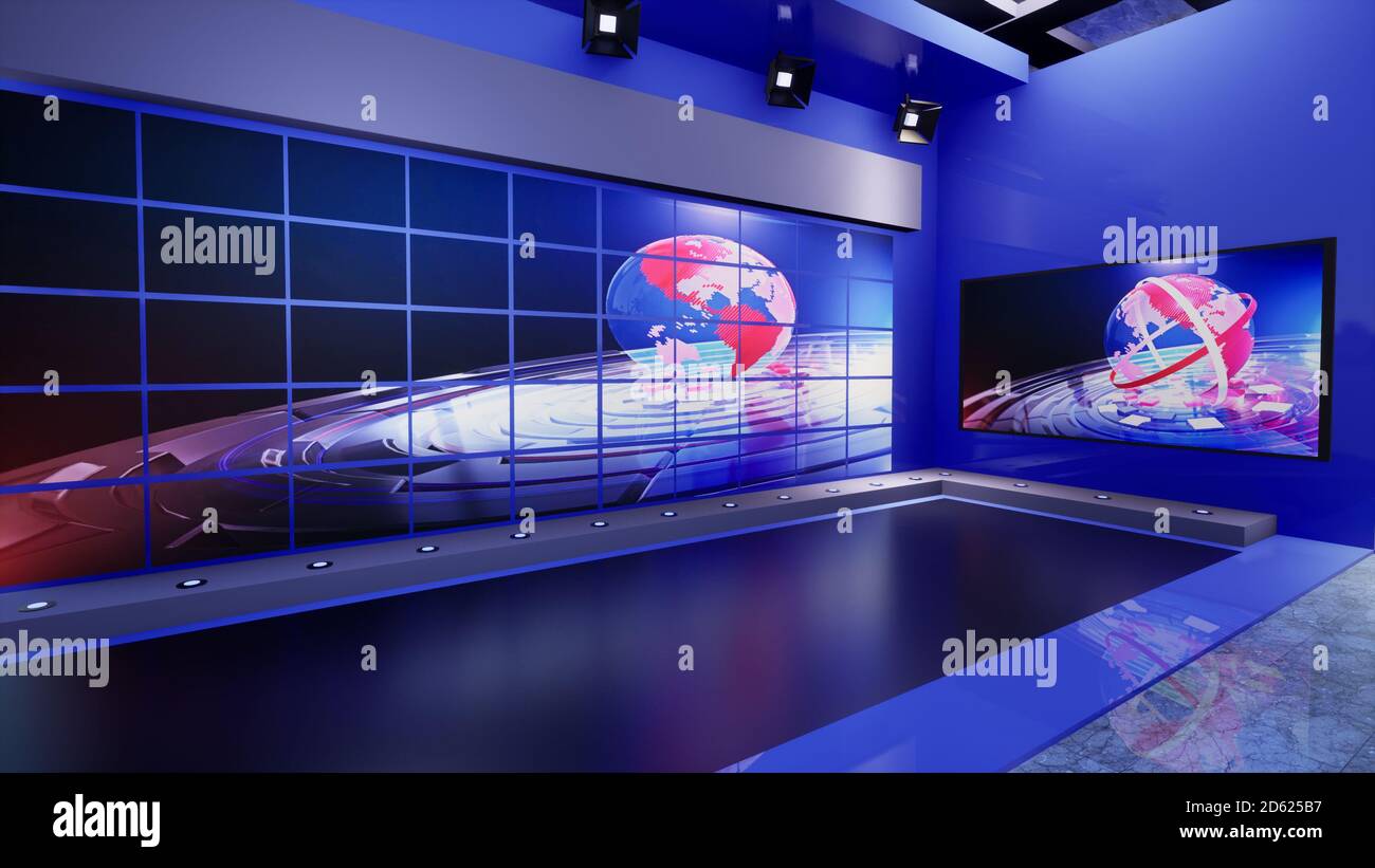 News Studio, sfondo per spettacoli TV .TV su Wall.3D Virtual News Studio sfondo, illustrazione 3d Foto Stock