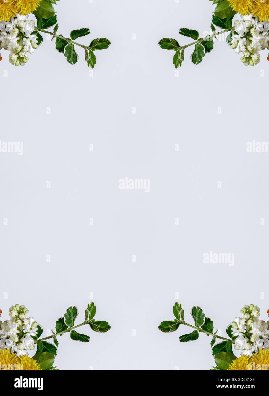 fiori , effetto visivo di uno specchio, spazio per l'inserimento del testo, carta da parati astratta, piena di colori, strani ornamenti e forme, sfondo con bella geo Foto Stock