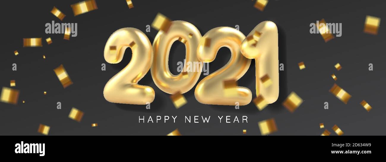 Iscrizione 2021 felice anno nuovo sfondo in stile realistico su sfondo nero. Serpentina realistica in oro. Vettore Illustrazione Vettoriale