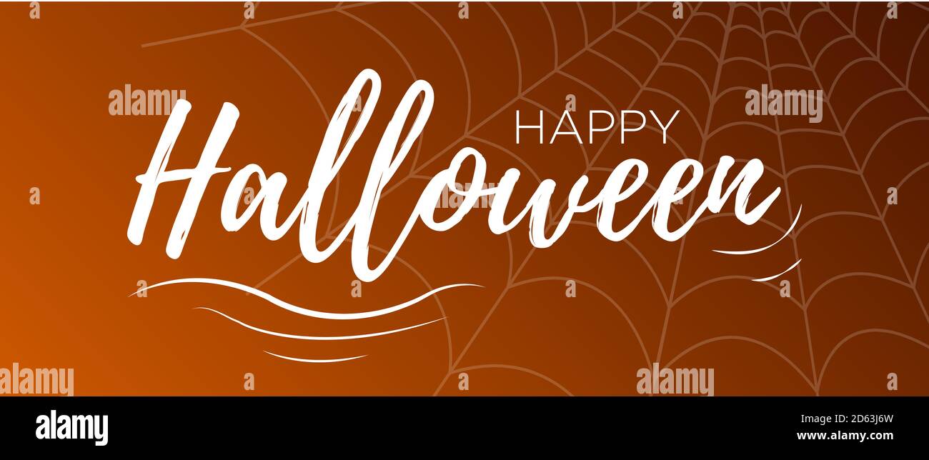 Happy Halloween lettering del vettore. La calligrafia vacanze con spider e web per banner, poster, biglietto di auguri, invito alla festa. Illustrazione isolato. Illustrazione Vettoriale