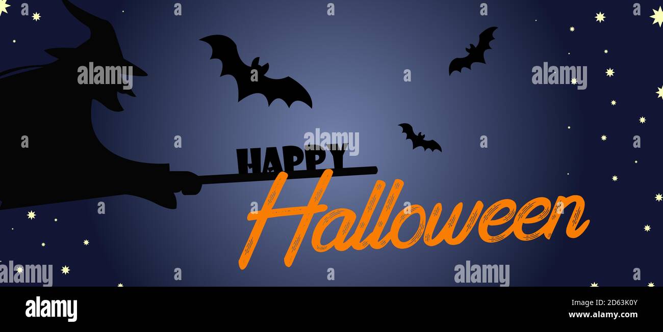 Halloween FULLMOON Banner, Strega, Casa infestata, zucche e pipistrelli. Illustrazione Vettoriale