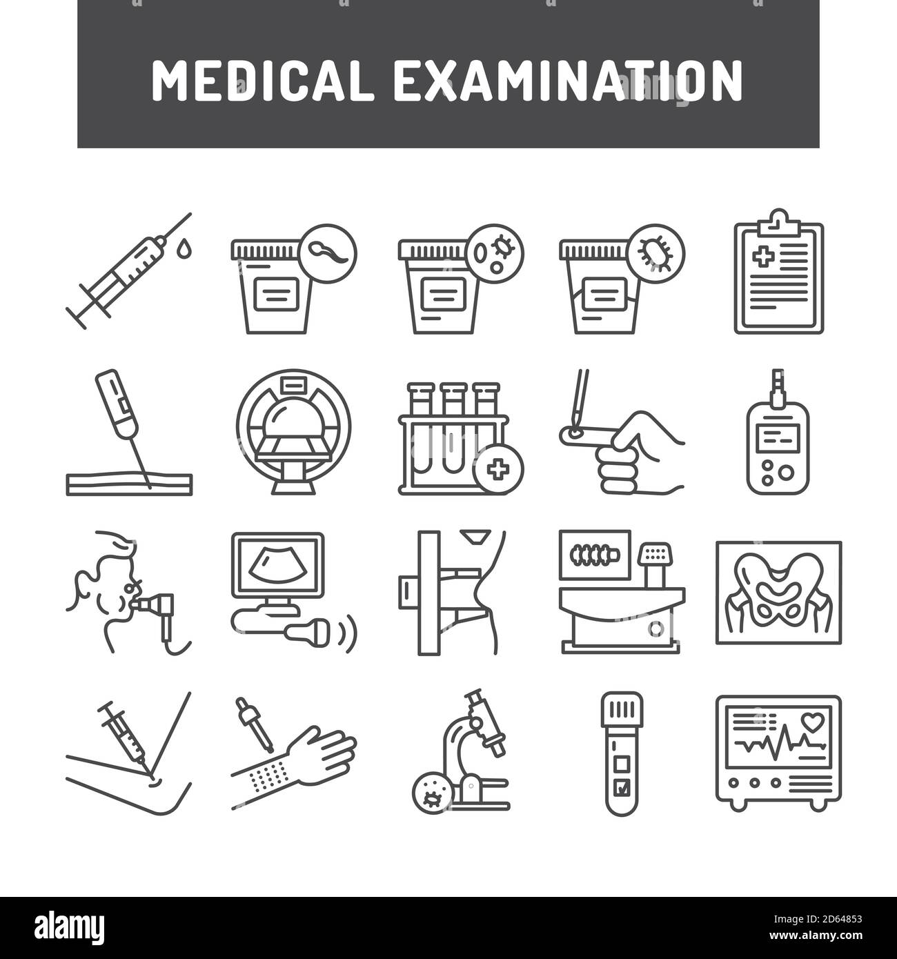 Set di icone della linea nera per l'esame medico. Pittogrammi di contorno Illustrazione Vettoriale