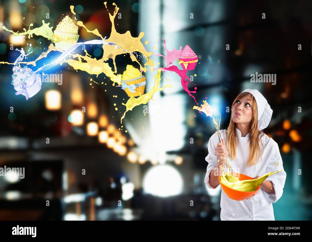 Happy chef prepara una nuova ricetta dolce creativa Foto Stock