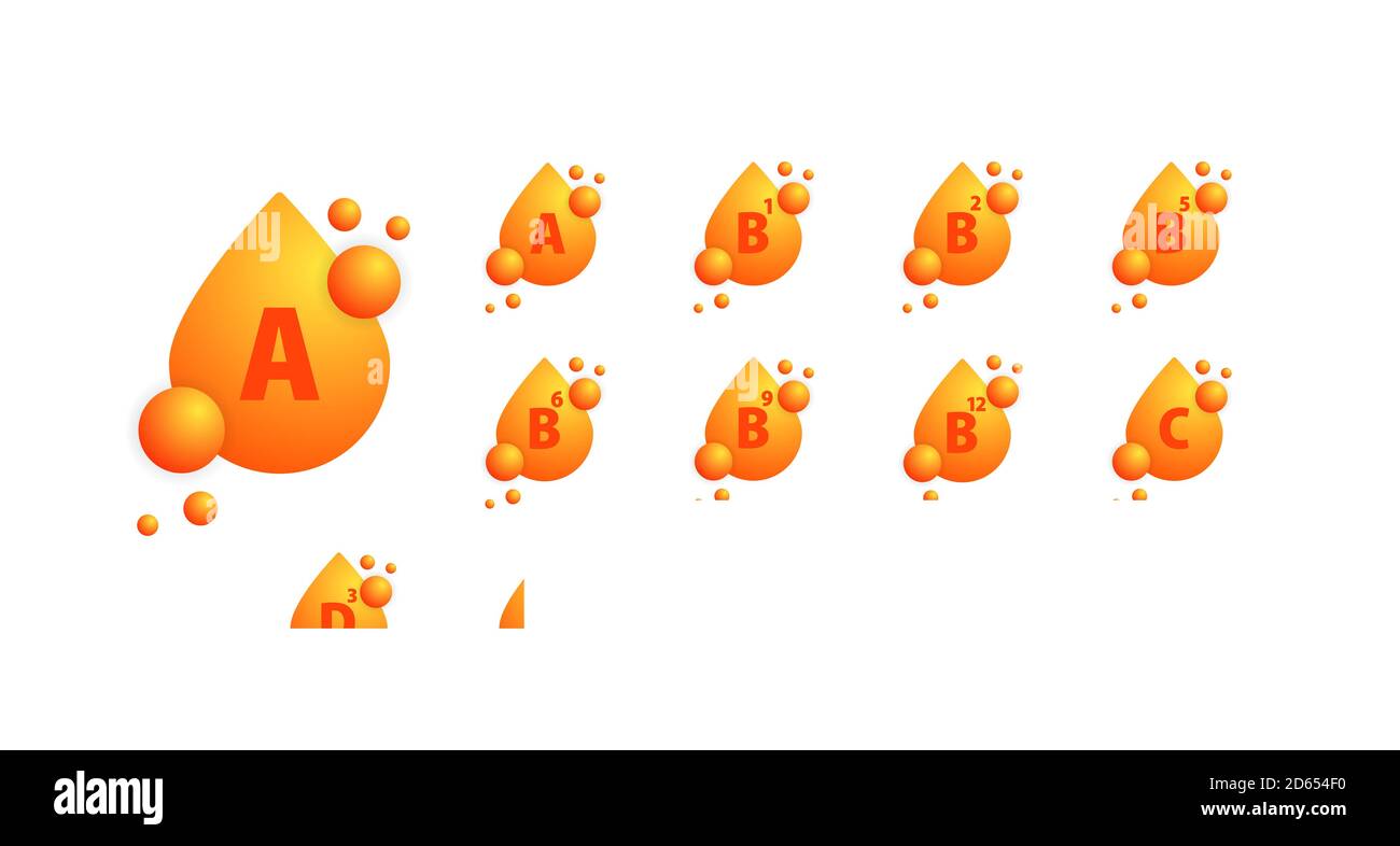 Set di icone di vitamina. Goccia organica di vitamina oro. VITAMINA A B1 B2 B12 C D3 E H K1 PP. Gruppo vitamine. Concetto di vettore di segno di nutrizione. Vettore. EPS 10 Illustrazione Vettoriale