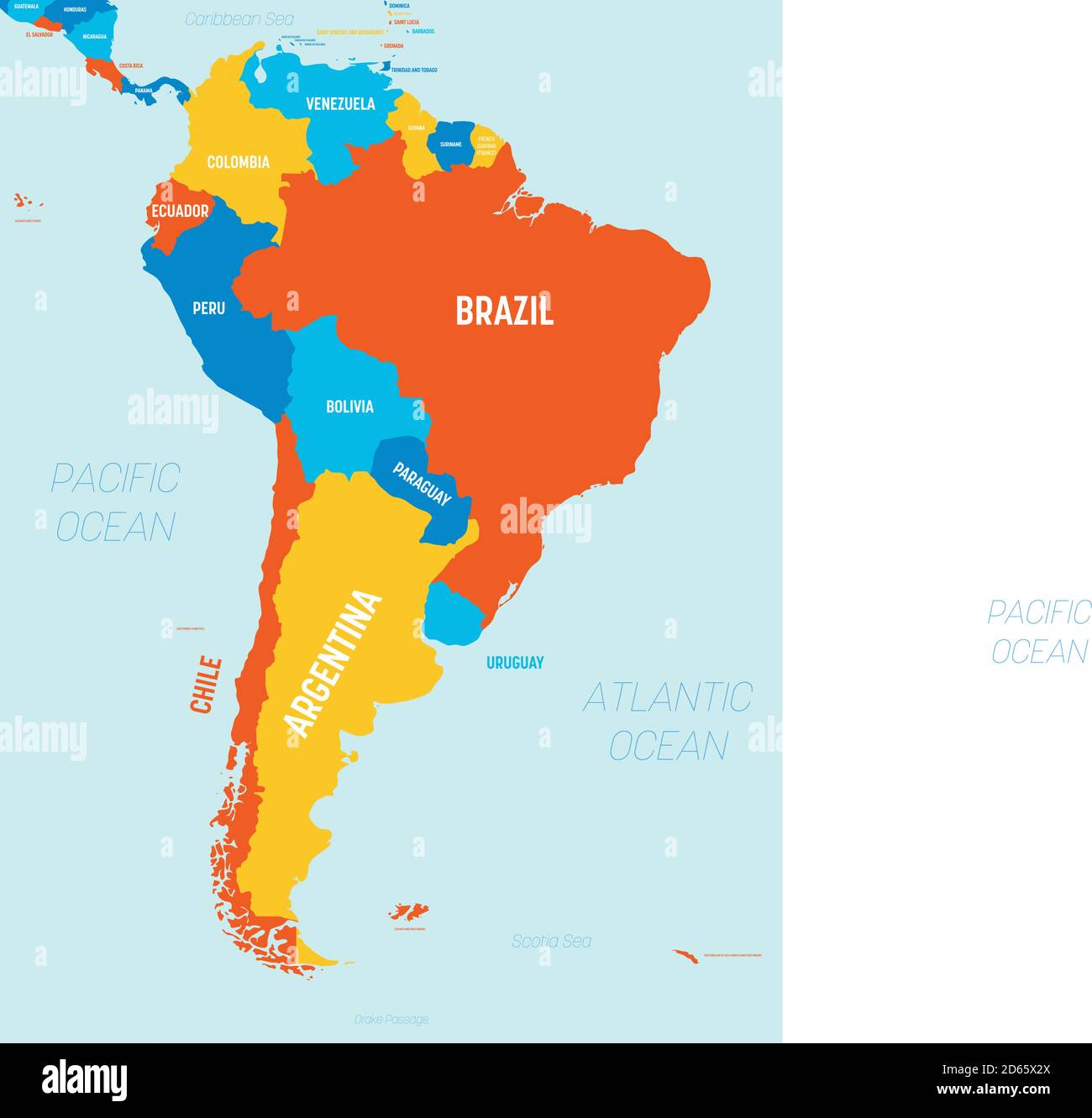 Mappa del Sud America - 4 colori brillanti. Mappa politica dettagliata del continente sudamericano con l'etichettatura dei nomi di paesi, oceani e mari. Illustrazione Vettoriale