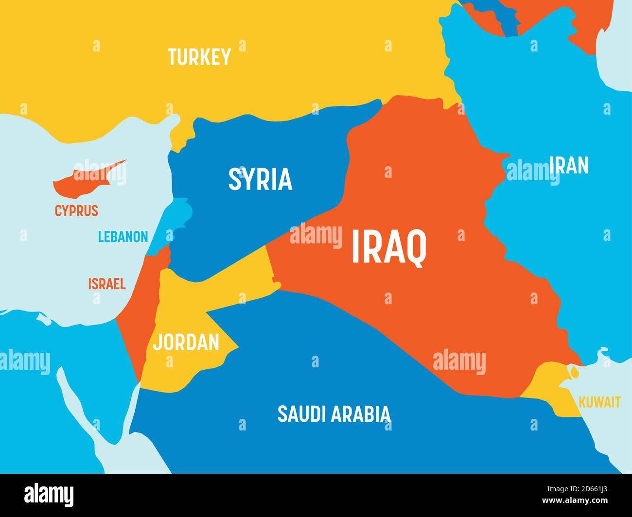 Mappa del Medio Oriente - 4 combinazioni di colori brillanti. Mappa politica dettagliata del Medio Oriente e della regione della Penisola arabica con etichettatura dei nomi di paesi, oceani e mari. Illustrazione Vettoriale