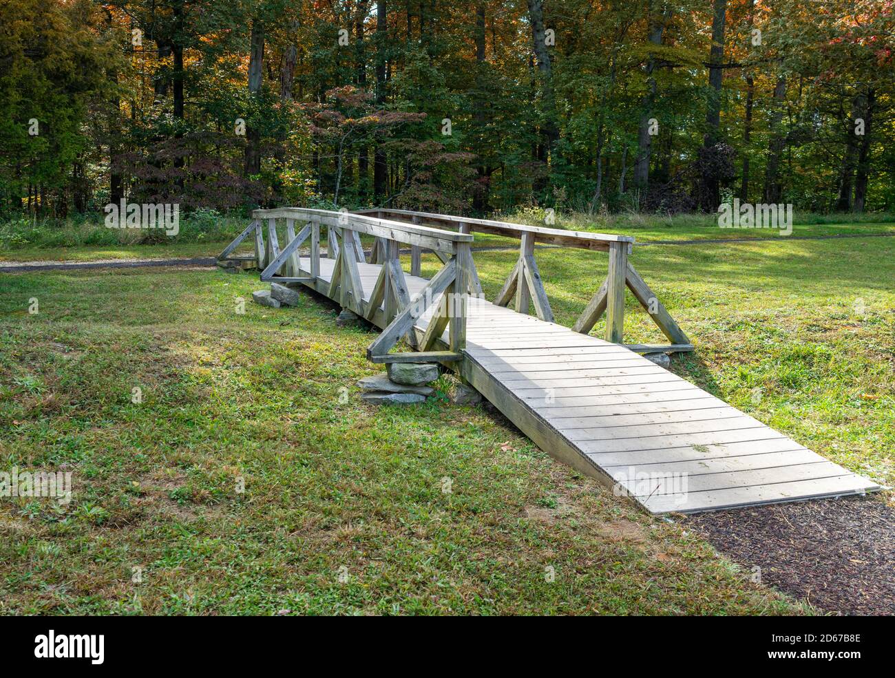 Un piccolo ponte pedonale in legno attraversa un piccolo torrente un bosco Foto Stock
