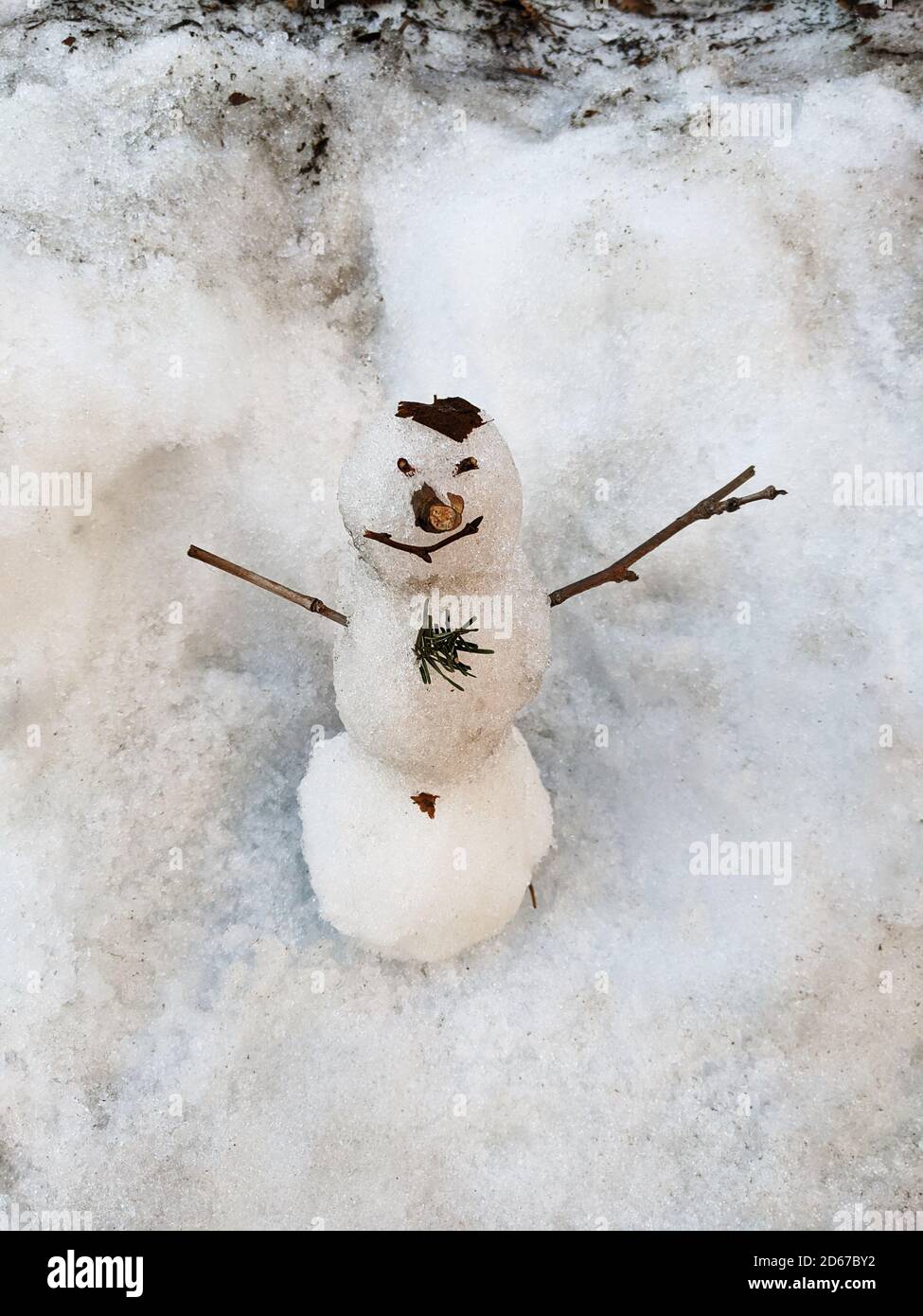 un piccolo pupazzo di neve e pezzi di ramoscelli Foto Stock