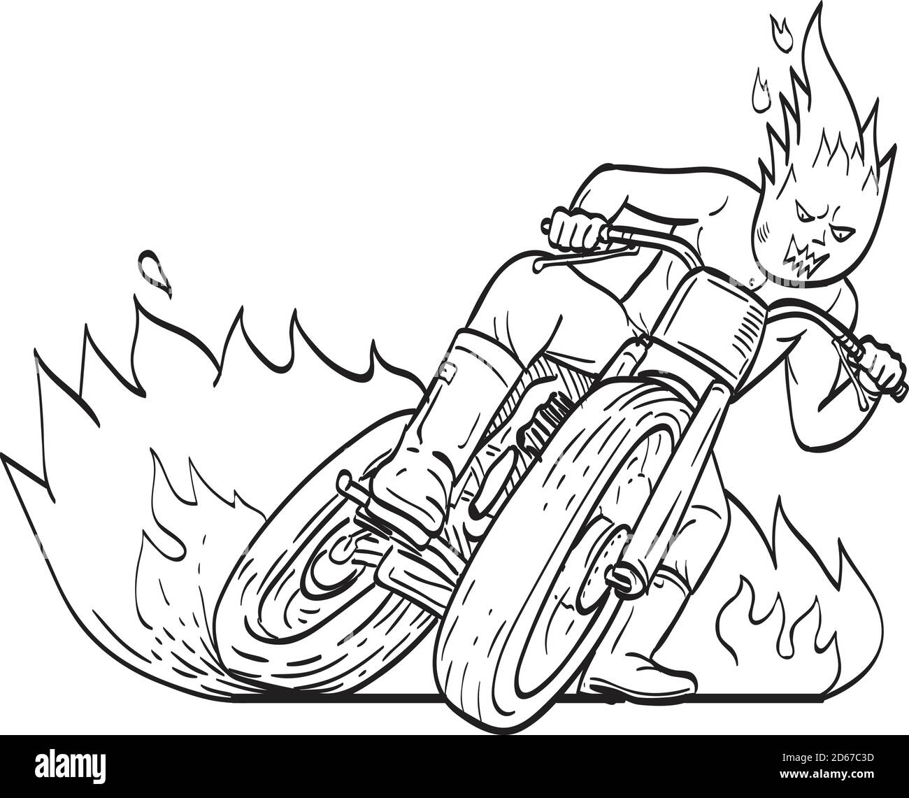 Disegno di linea dell'illustrazione del driver del motociclo con testa di bolide che guida la motocicletta che guida la pista piatta, anche conosciuta come pista di sporcizia che corre, sul fuoco An Illustrazione Vettoriale
