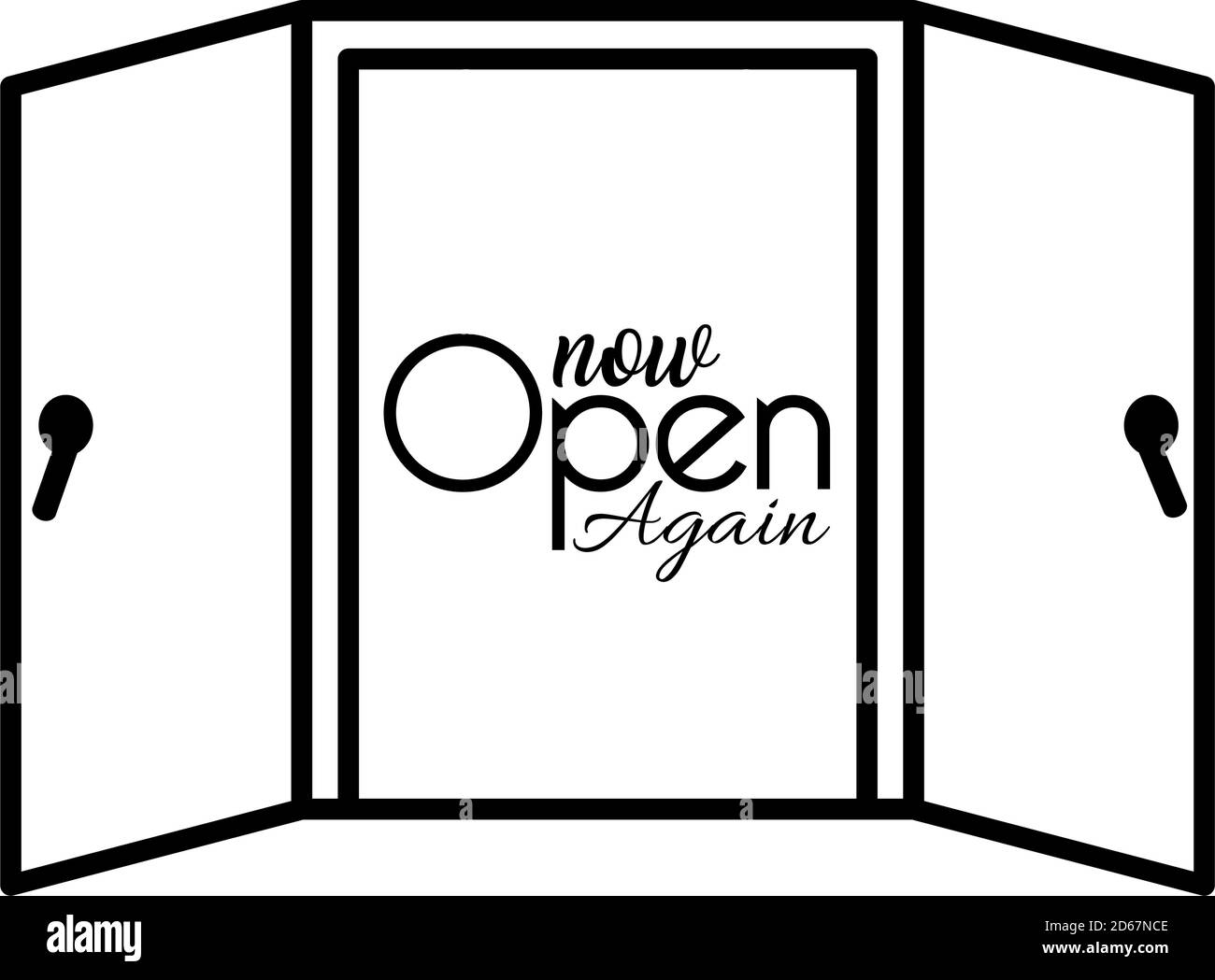 siamo open sign design con porte aperte su sfondo bianco, linea stile, illustrazione vettoriale Illustrazione Vettoriale