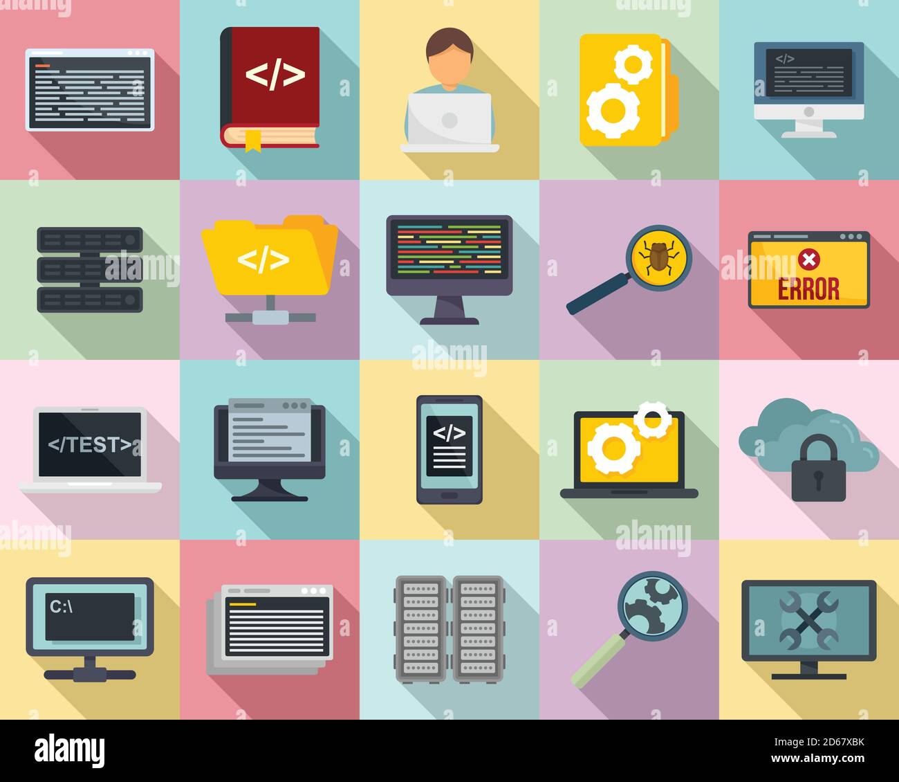 Set di icone del software di prova. Set piatto di icone vettoriali per software di test per il web design Illustrazione Vettoriale