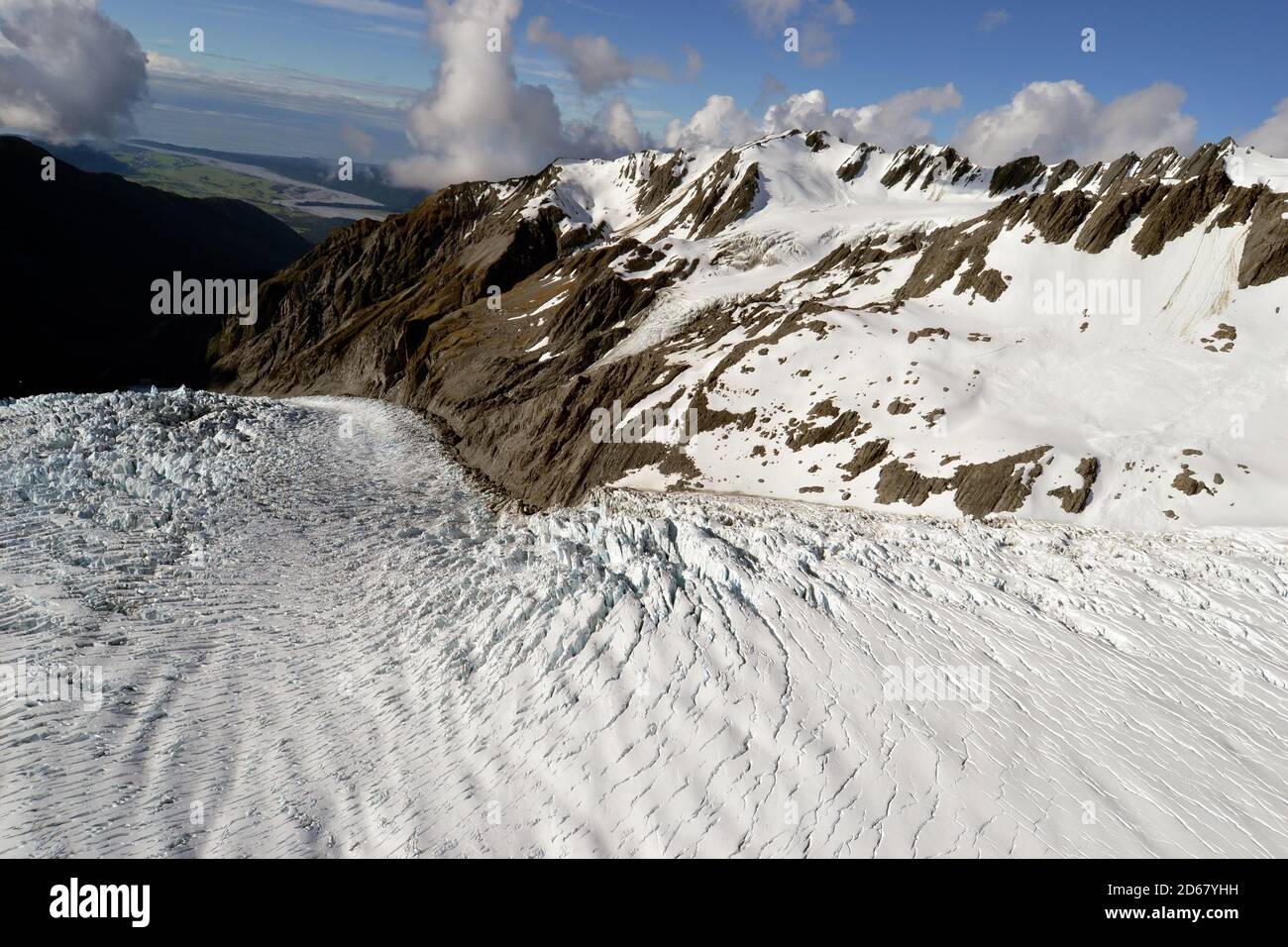 Ghiacciaio Franz Josef, un ghiacciaio a fondere a causa del cambiamento climatico, Franz Josef, Isola del Sud, Nuova Zelanda Foto Stock