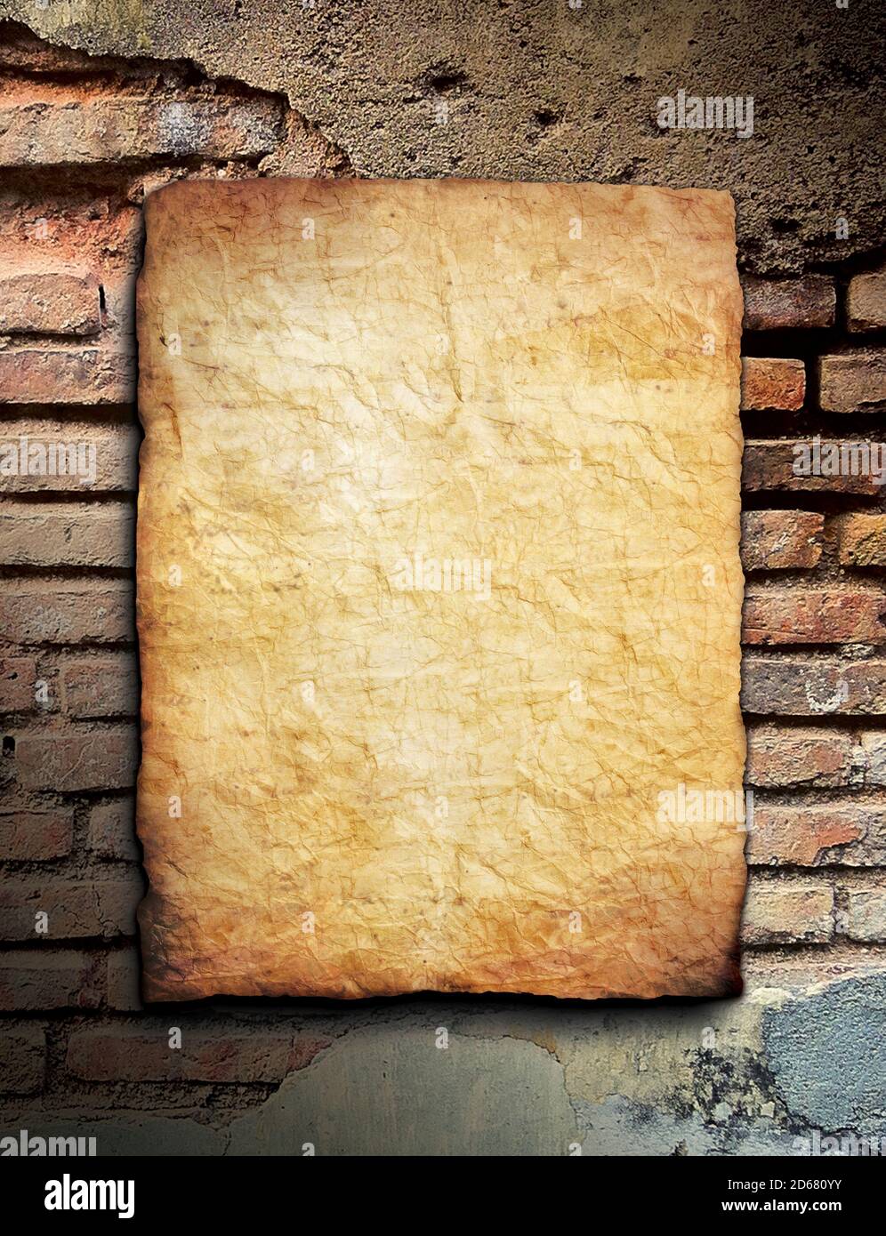 Vecchia carta grunge su sfondo vecchio muro di mattoni Foto Stock