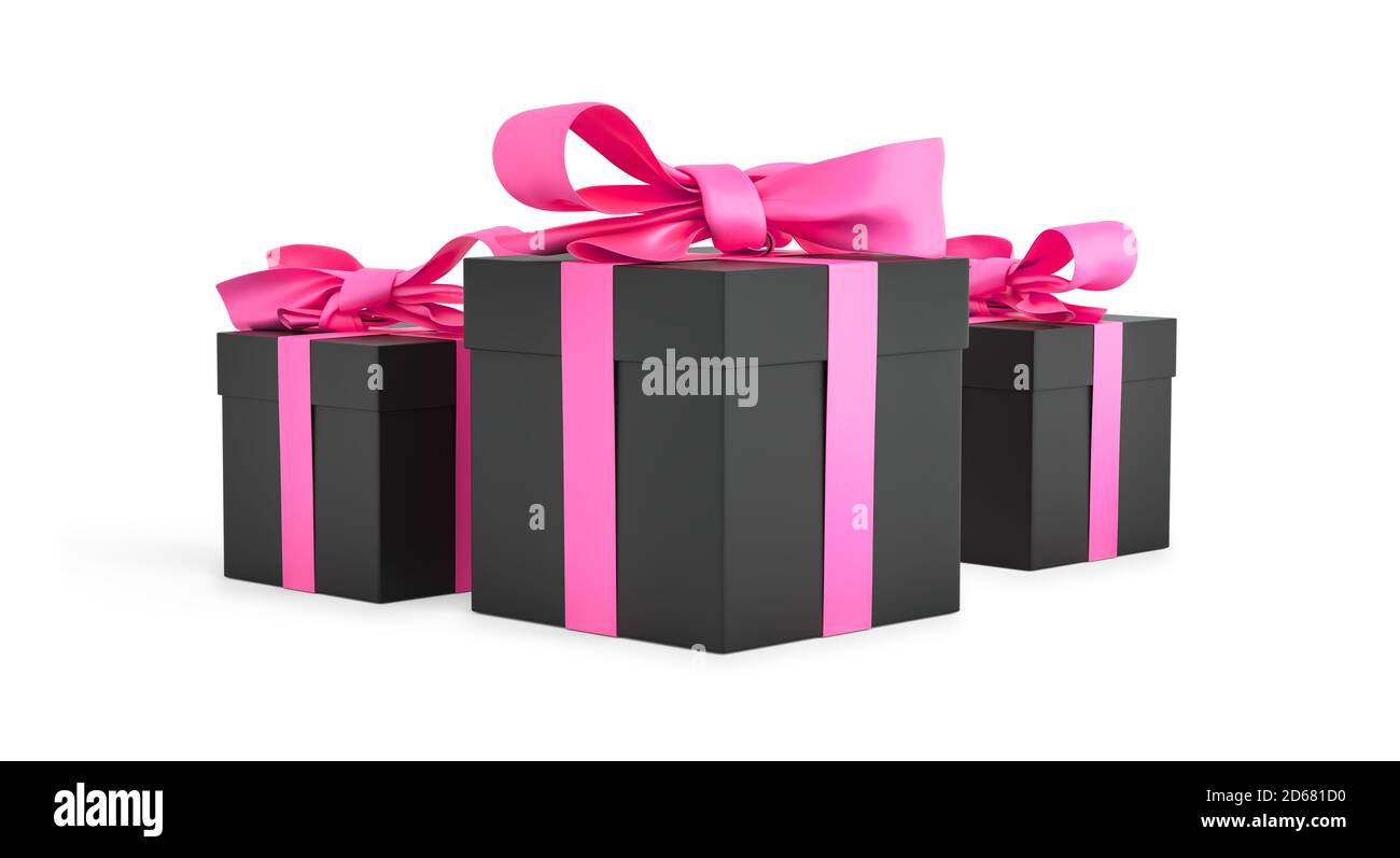 Regali di Natale scatole nere legate con nastro rosa. Regalo di compleanno  con amore. Felice celebrazione presente. Rendering 3D Foto stock - Alamy