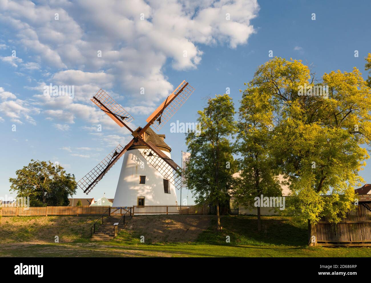 Podersdorf am See sulla riva del lago Neusiedl. Il vecchio mulino a vento di Podersdorf, un'icona di Podersdorf. Il paesaggio intorno al lago è un WOR UNESCO Foto Stock