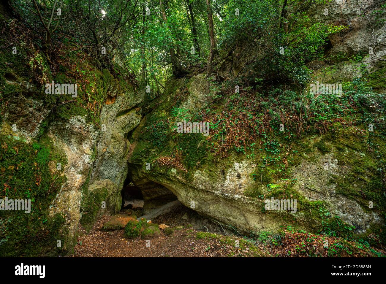 Paesaggi e vedute di via Cava di San Sebastiano a Sovana. Parco Archeologico Città del Tufo, Sovana, Grosseto, Toscana, Italia, Europa. Foto Stock