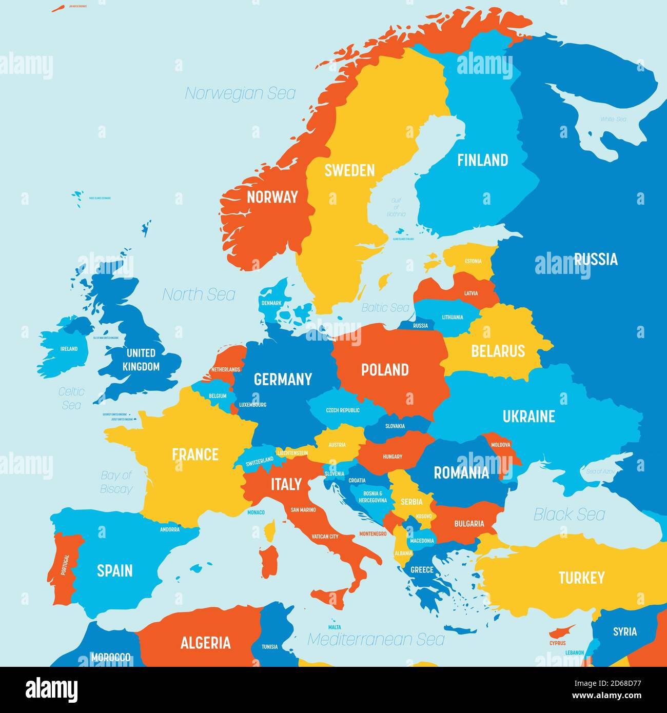 Cartina dell'Europa - 4 colori brillanti. Mappa politica dettagliata del  continente europeo con etichettatura dei nomi di paesi, oceani e mari  Immagine e Vettoriale - Alamy