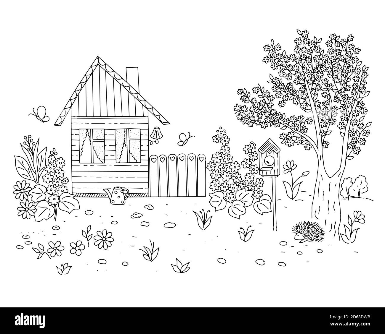 Contorno vettore illustrazione della casa di scena pastorale primavera, cortile, giardino, alberi in fiore, fiori, semplice immagine di stile disegnata a mano per libro da colorare Illustrazione Vettoriale