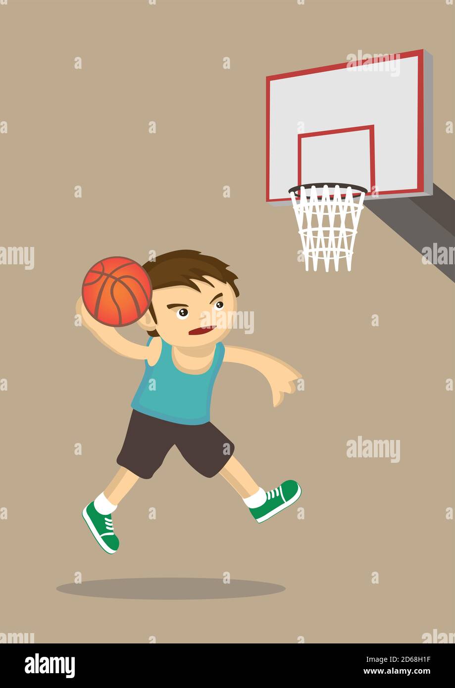 Giocatore che gioca con il basket. Illustrazione vettoriale dei caratteri a fumetto piatto. Illustrazione Vettoriale