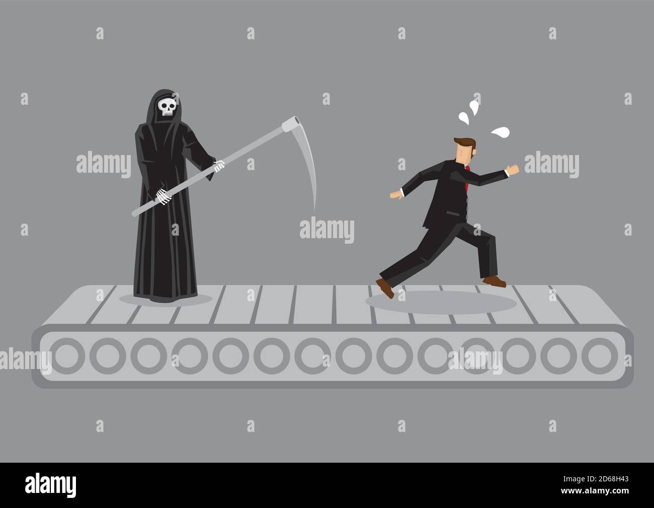 Grim Reaper e uomo di cartone animato che corre sulla pedana mobile. Illustrazione vettoriale creativa sullo sforzo futile per sfuggire alla metafora della morte isolata su sfondo grigio. Illustrazione Vettoriale