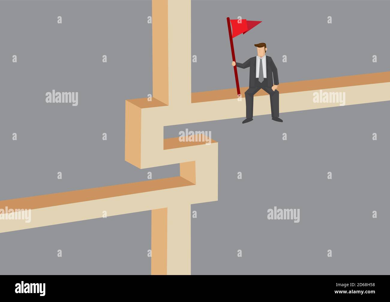Cartone animato uomo d'affari che detiene bandiera rossa seduto sul dollaro segno costruzione blocco. Illustrazione vettoriale creativa isolata su sfondo grigio. Illustrazione Vettoriale