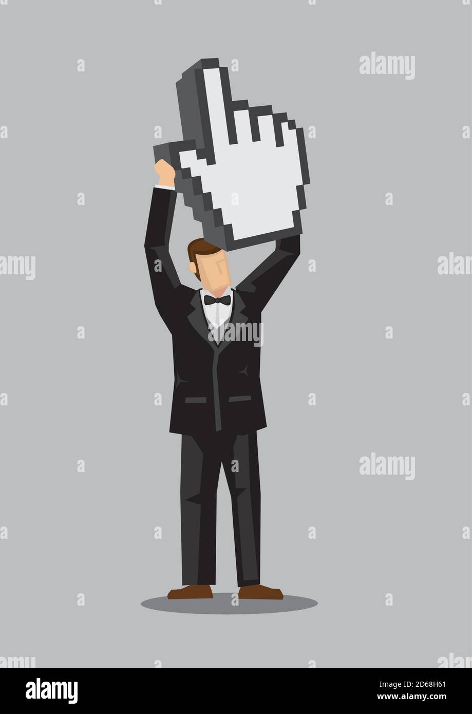 Illustrazione vettoriale del carattere maschile cartoon ben vestito che tiene in su una mano digitale pixelata con il pollice e il dito indice, icona web per clic, isolat Illustrazione Vettoriale
