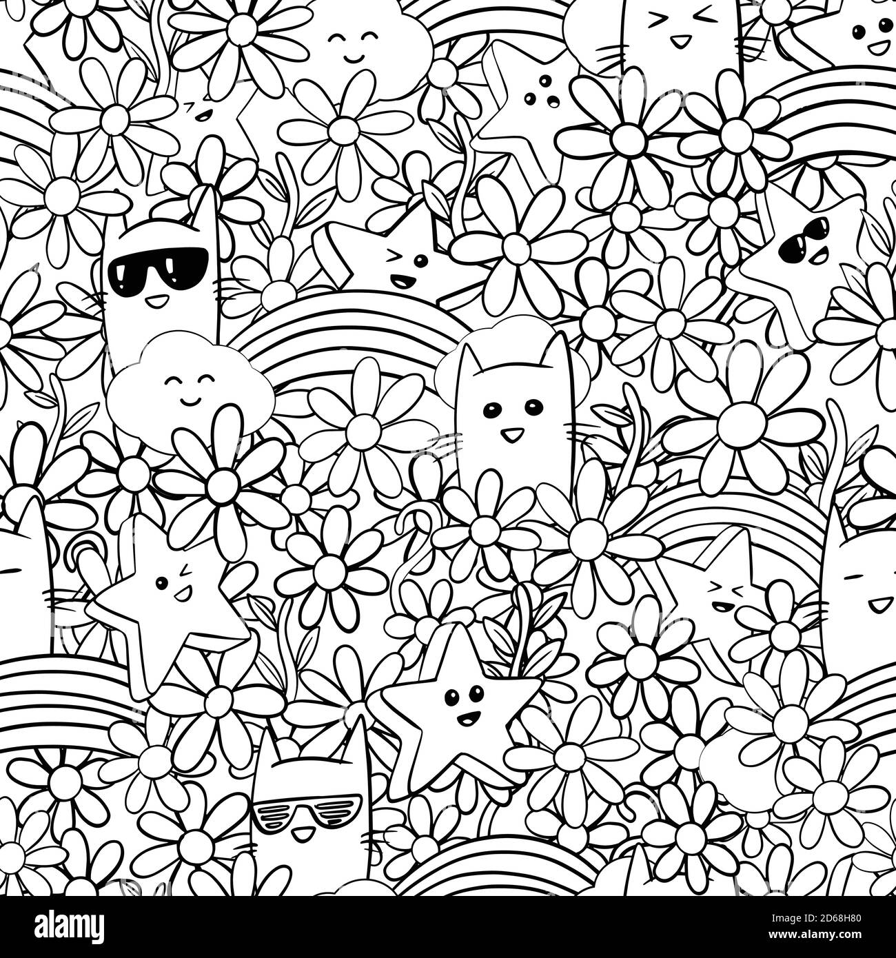 Gatti, stelle e arcobaleni senza cuciture. Carino modello di doodle disegnato a mano. Illustrazione vettoriale in bianco e nero per stampa, poster, icona, Web, grafica Illustrazione Vettoriale