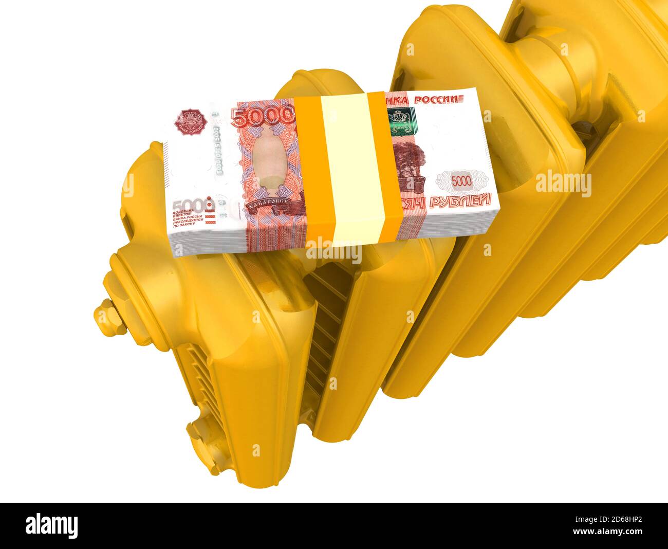 Costi di riscaldamento in rubli russi. Una sezione dorata del radiatore di riscaldamento con pacco di banconote russe (ruble) isolate su sfondo bianco Foto Stock