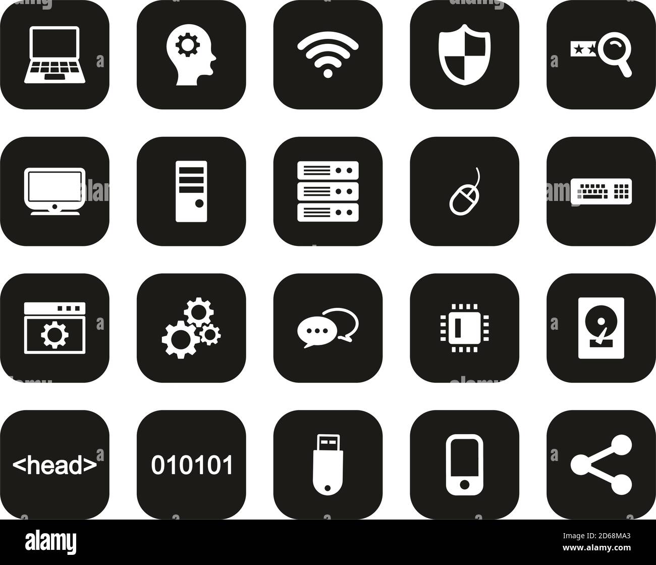 Icone di programmazione del computer Bianco su Black Flat Design Set Grande Illustrazione Vettoriale