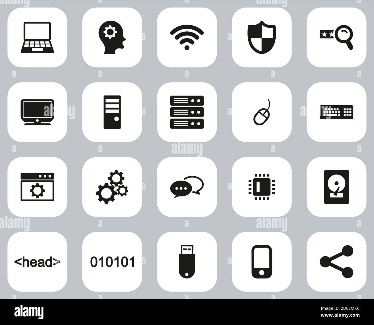Icone di programmazione del computer Bianco e nero Design piatto Set Grande Illustrazione Vettoriale