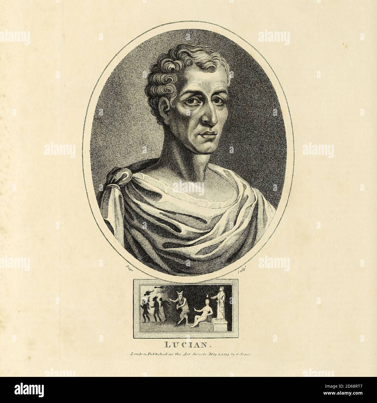 Luciano di Samosata (c. 125 – dopo il 180) fu un satirico e retorista assiro, meglio conosciuto per il suo caratteristico stile "lingua in guancia", con il quale spesso ridicolizzò superstizione, pratiche religiose e credenza nel paranormale. Anche se la sua lingua madre era probabilmente il siriaco, tutte le sue opere esistenti sono scritte interamente in greco antico. Incisione su copperplate dell'Enciclopedia Londinensis OR, dizionario universale delle arti, delle scienze e della letteratura; Volume XIII; a cura di Wilkes, John. Pubblicato a Londra nel 1815 Foto Stock