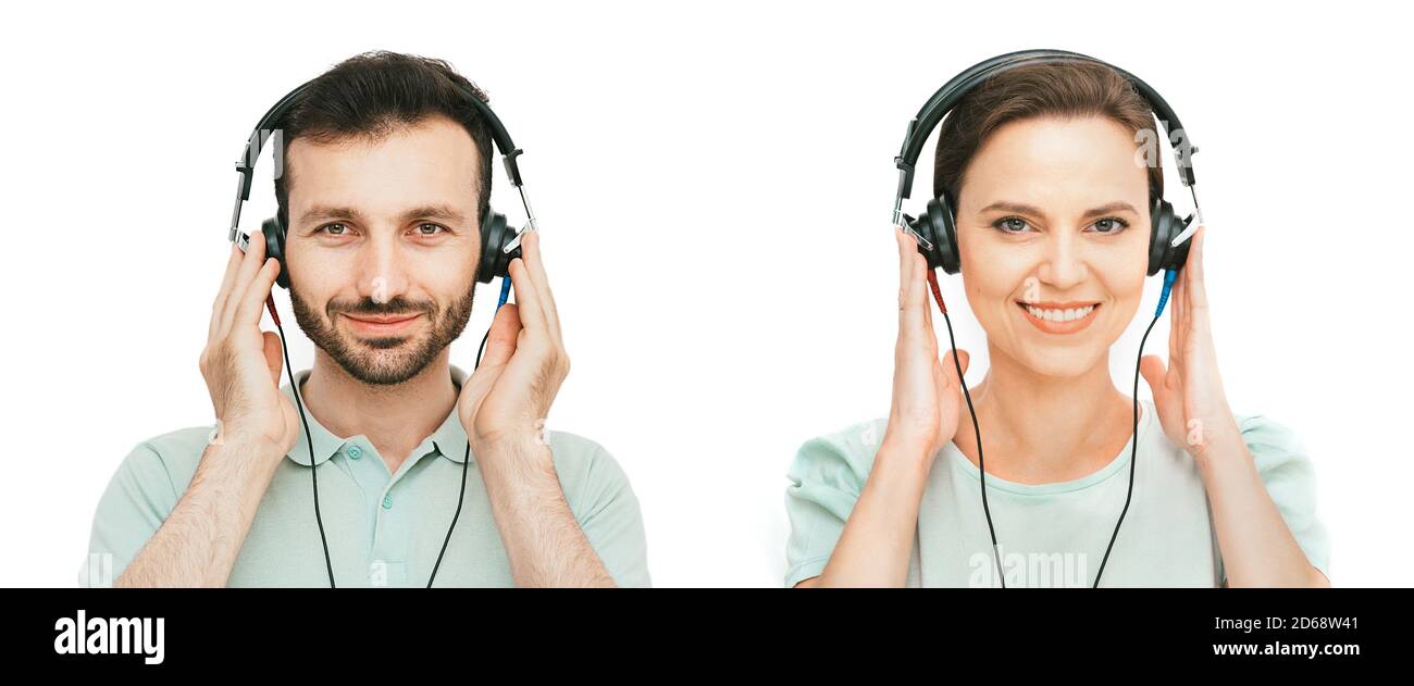 Test uditivo, audiometria. Uomo e donna che indossano le cuffie per la diagnostica dell'udito, isolati su bianco Foto Stock Test uditivo, audiometria. Uomo e donna che indossano le cuffie per la diagnostica dell'udito, isolati su bianco Foto Stock
