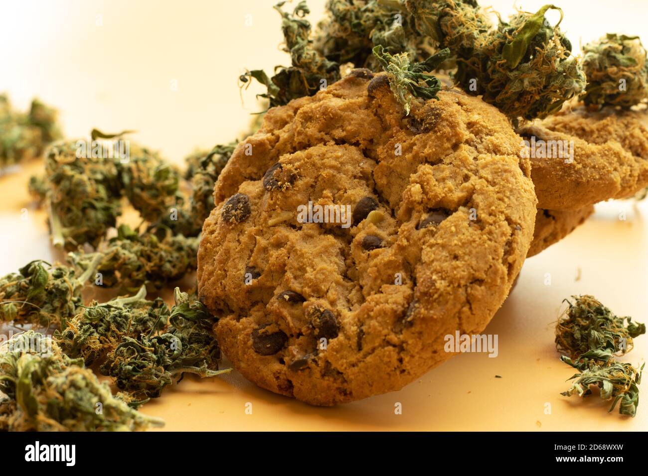 Concetto di prodotto di cannabis, biscotto di avena e boccioli di marijuana da vicino. Uso legale di erbacce Foto Stock