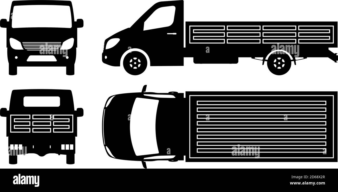 Silhouette di autocarro con pianale su sfondo bianco. Le icone monocromatiche del veicolo consentono di impostare la visualizzazione da lato, anteriore, posteriore e superiore Illustrazione Vettoriale