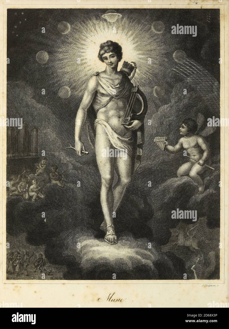 Descrizione del frontespizio che illustra la musica. Apollo, avendo ottenuto nell'assemblea degli dei il possesso della Lira, lascia le sfere melodiche dei cieli e porta armonia sulla terra. Incisione su copperplate dell'Enciclopedia Londinensis OR, dizionario universale delle arti, delle scienze e della letteratura; Volume XVI; a cura di Wilkes, John. Pubblicato a Londra nel 1819 Foto Stock