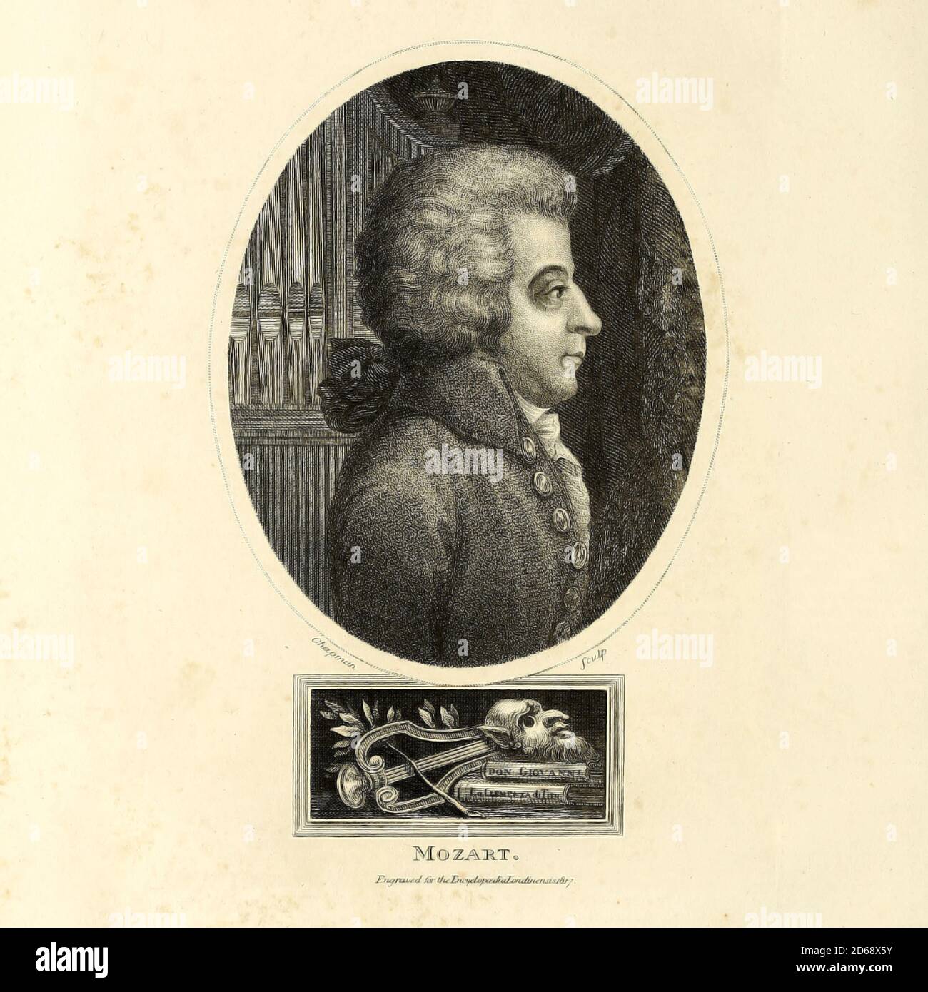 Wolfgang Amadeus Mozart (27 gennaio 1756 – 5 dicembre 1791), battezzato Johannes Chrysostomus Wolfgangus Theophilus Mozart, è stato un compositore prolifico e influente del periodo classico. Incisione su copperplate dell'Enciclopedia Londinensis OR, dizionario universale delle arti, delle scienze e della letteratura; Volume XVI; a cura di Wilkes, John. Pubblicato a Londra nel 1819 Foto Stock