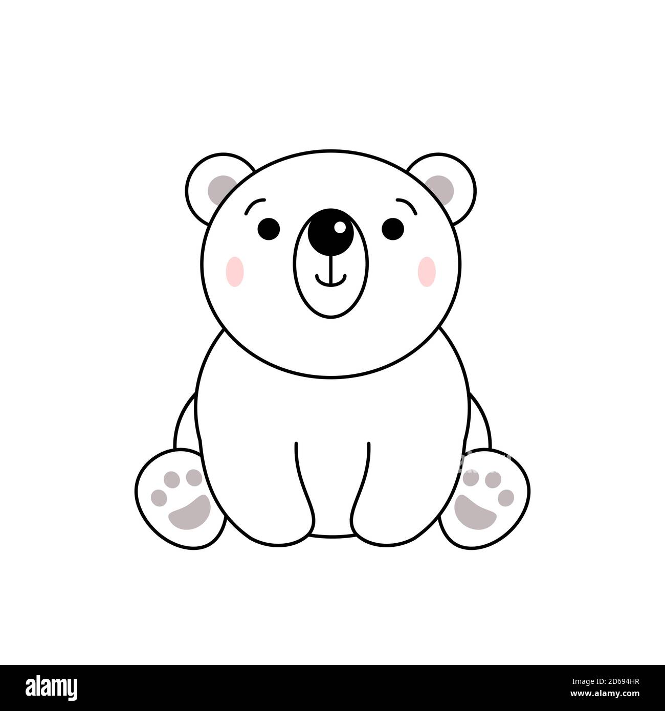 Timido orso polare carino seduto guardando curioso. Kawaii Ice Bear sorride. Divertente personaggio bianco orso cartoon. Tema invernale animal. Isolato su bianco. Vettore Illustrazione Vettoriale