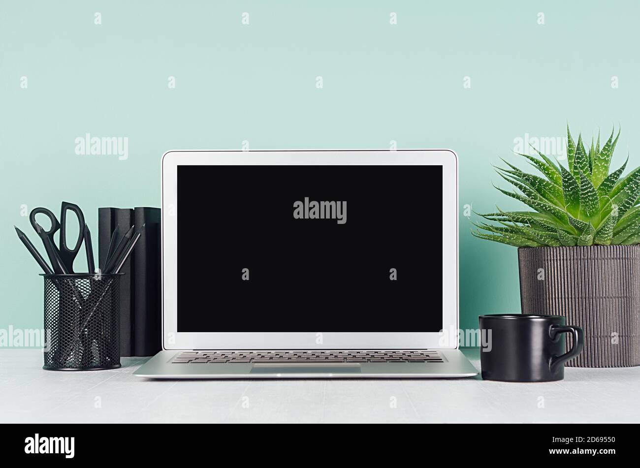 Ambiente di lavoro primaverile con schermo per notebook vuoto, cancelleria nera, libri, piante di aloe in pentola a coste, tazza di caffè, in elegante menthe verde all'interno su W. Foto Stock