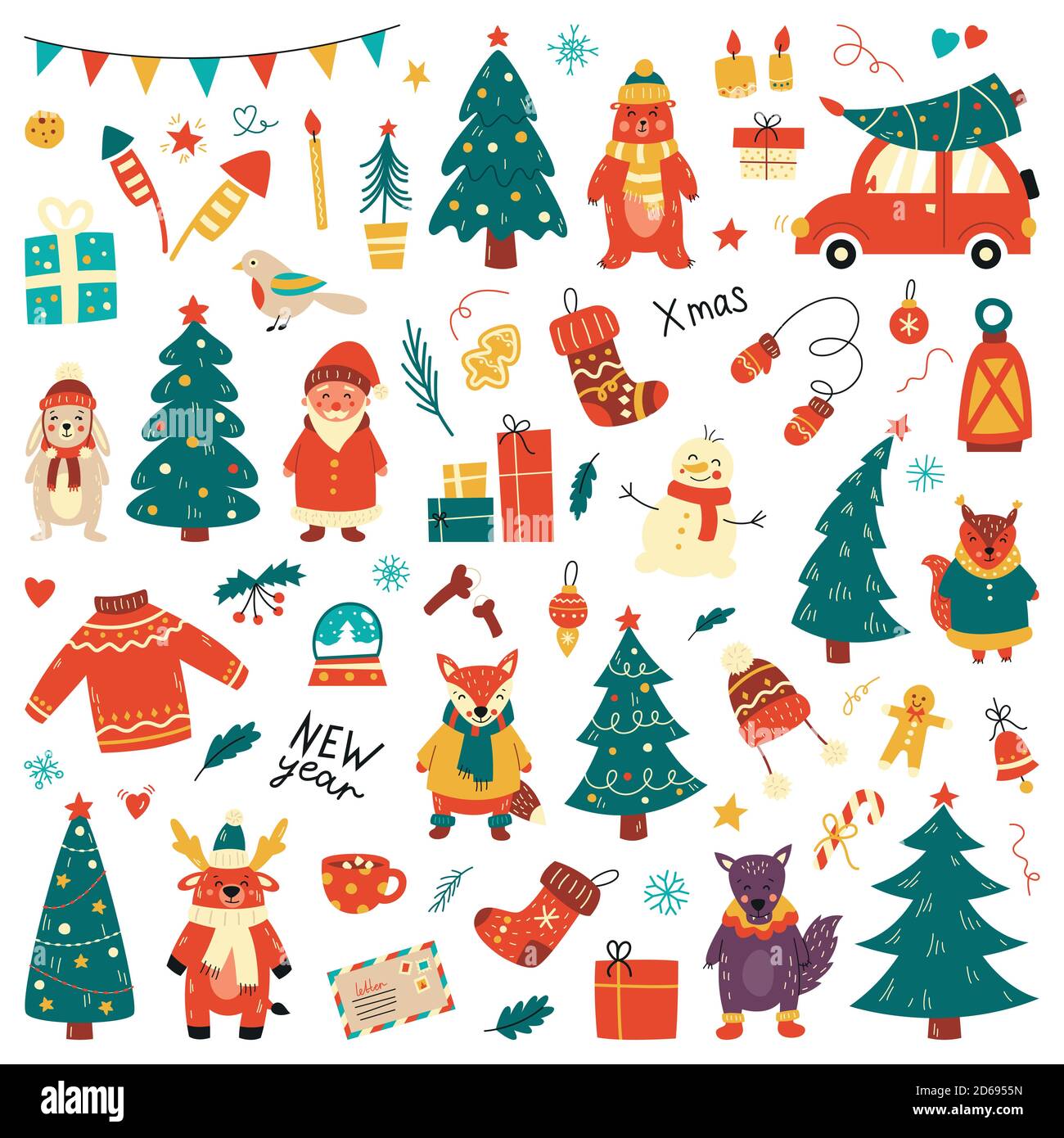 Set di Natale, stile disegnato a mano - calligrafia, animali e altri elementi. Illustrazione vettoriale Illustrazione Vettoriale