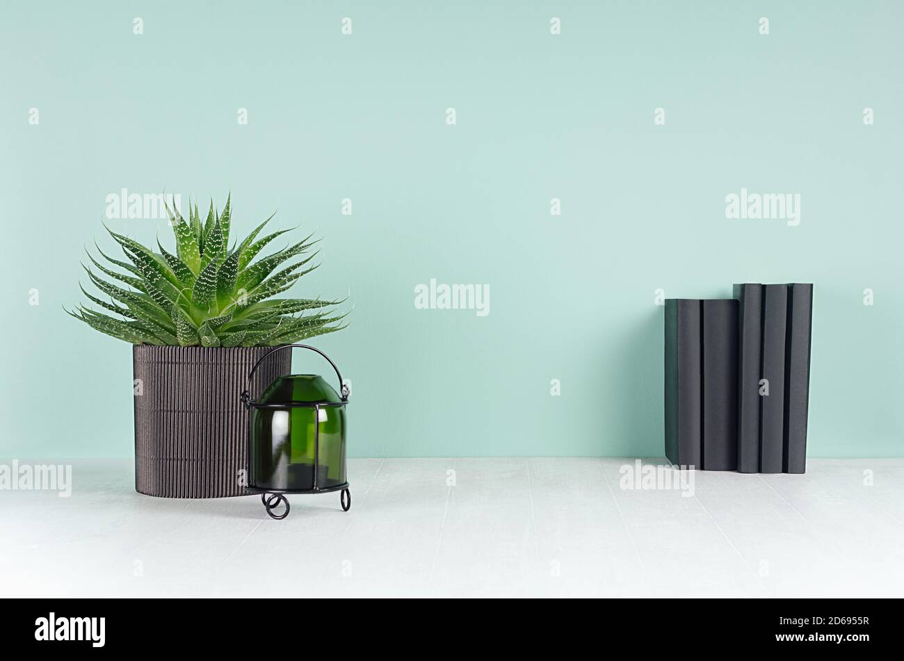 Luogo di lavoro di primavera fresco per lavoro e studio con libri neri, piante di aloe, candelabro in verde chiaro menthe interno su scrivania di legno bianco, spazio copia Foto Stock